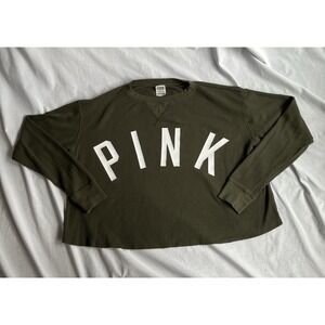 PINK Victoria's Secret Olive Green Thermal Knit Long Sleeve Cropped Top